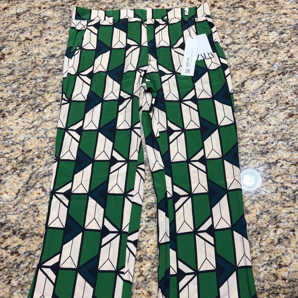 NEW Zara Women Green Geometric Print Wide Leg Trousers Pants Size M ws